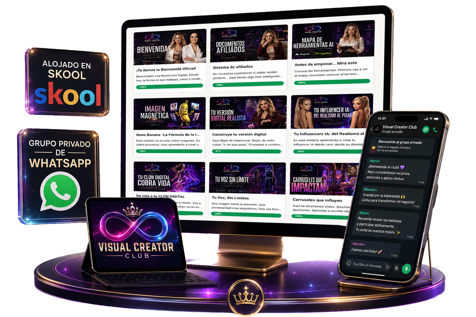 Visual Creator Club alojado en Skool con grupo privado de WhatsApp