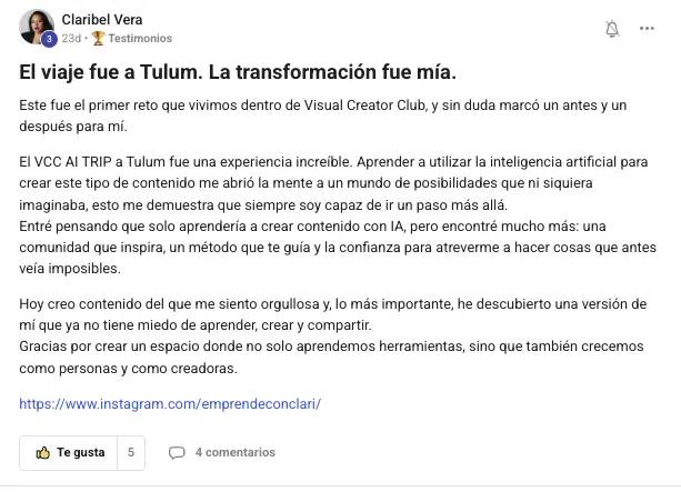 Testimonio real de Visual Creator Club 8