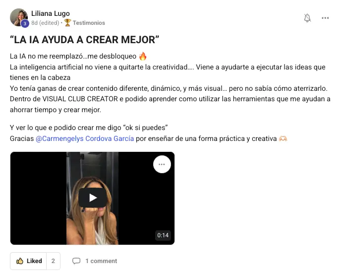 Testimonio real de Visual Creator Club 14